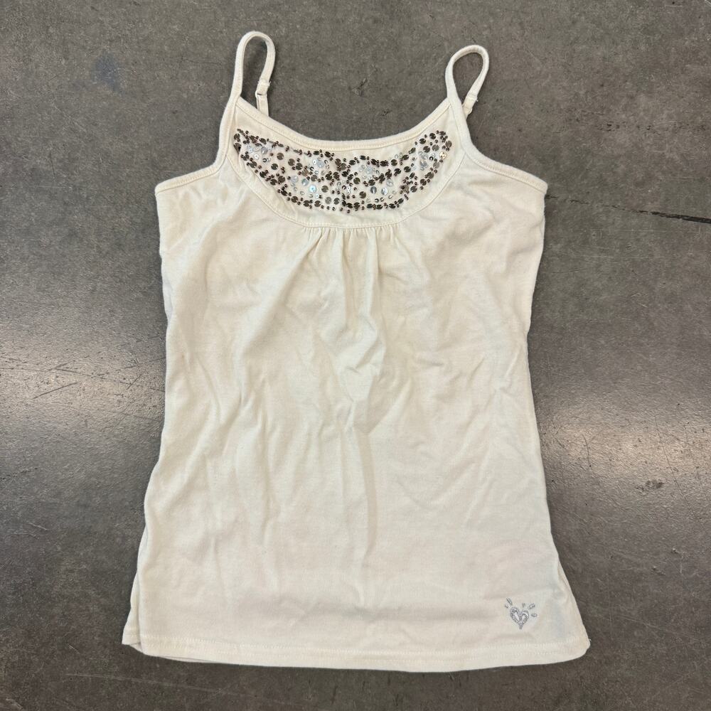 Vintage Y2k Justice For Girls White Rhinestone Mcbling Cami Tank Top Size 8